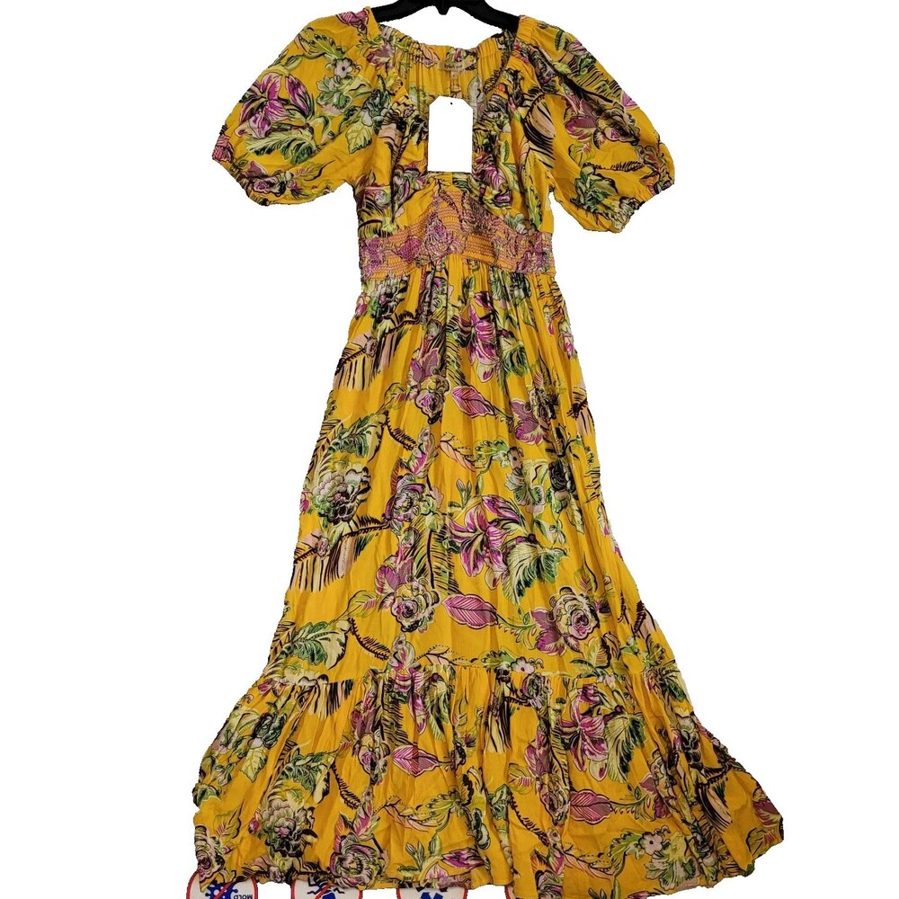 Stylish Nature Dress Small Yellow Floral Cottagecore Smocked Bodice Puff Sleeve